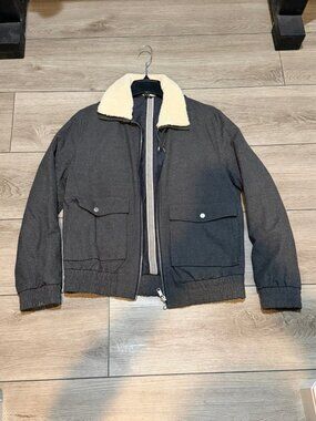 Zara Sherpa Collar Jacket L Dark Gray Zip Front